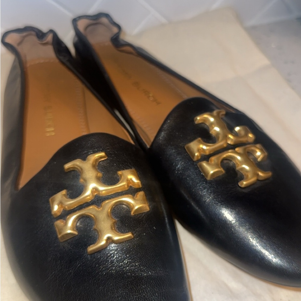 Tory Burch Black Leather Flats with Gold Detail